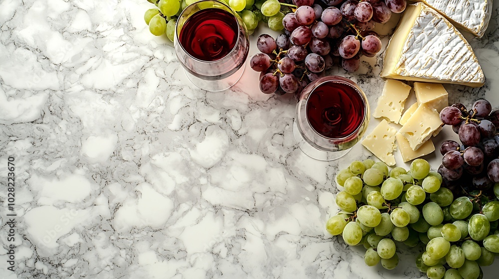 Poster assortment of cheese grapes with red and white wine in glasses marble background top view copy space
