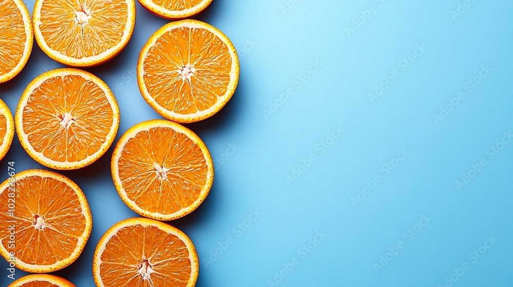 Poster oranges on blue background flat lay composition top view : generative ai