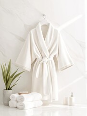 Elegant spa setting with a plush white bathrobe and towels