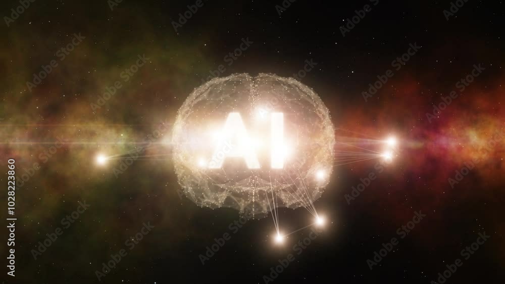 Poster dark cosmos with ai letters human brain loop animation.