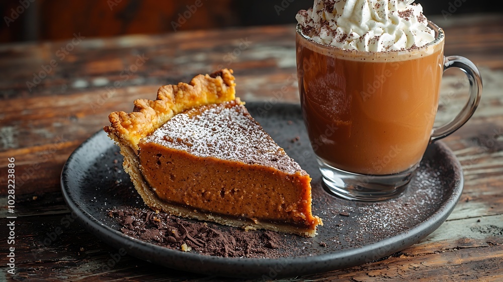 Poster pumpkin pie on a plate pumpkin latte with whipped cream grey background close up : generative ai