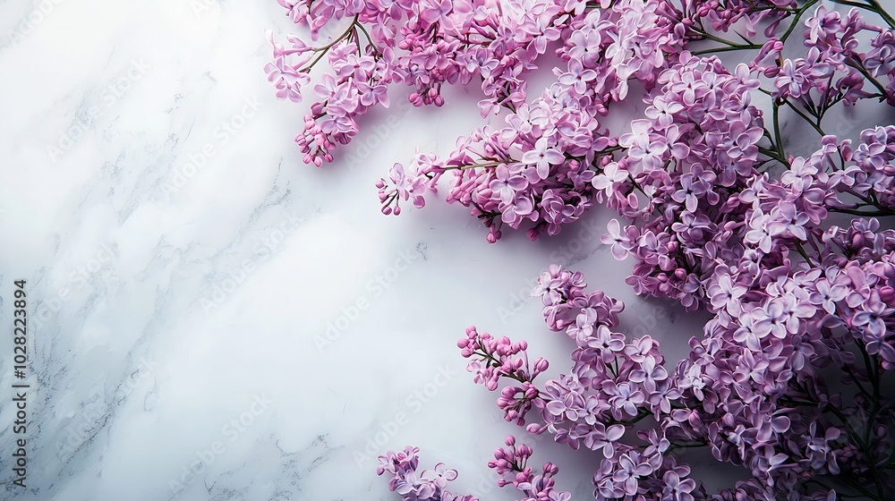 Poster lilac flowers on marble background copy space top view : generative ai