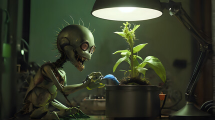 a small alien plant with a light on and a lamp on
