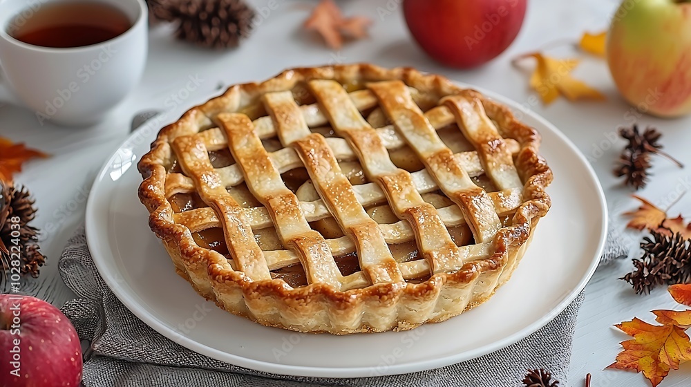 Poster apple pie on a white plate with cup of tea grey background top view : generative ai