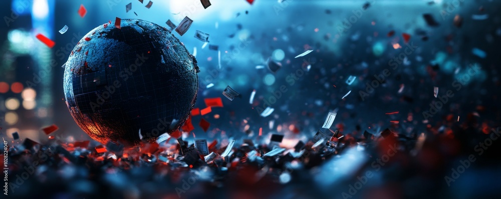 Poster abstract globe with shards in a dynamic, colorful environment, high-tech aesthetic.