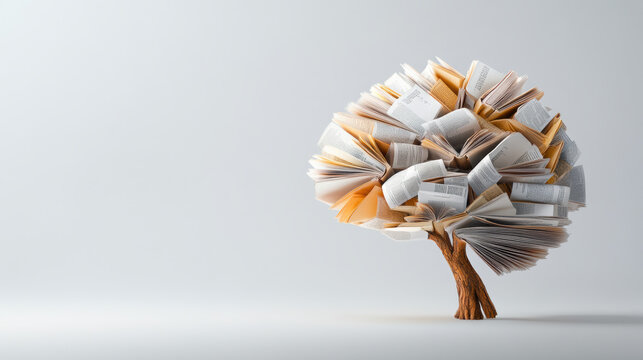 creative representation of tree made from open book pages, symbolizing knowledge and growth. This artistic piece evokes sense of imagination and inspiration