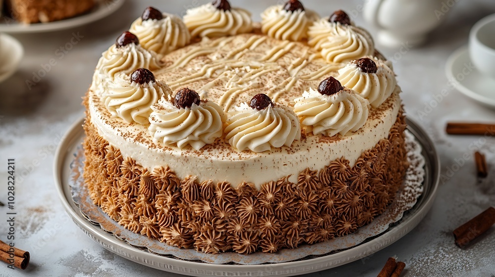 Poster traditional hungarian esterhazy cake torte grey background copy space top view : generative ai