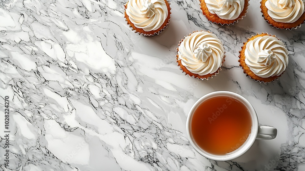 Poster peach cupcakes muffins with cup of tea marble background copy space top view : generative ai
