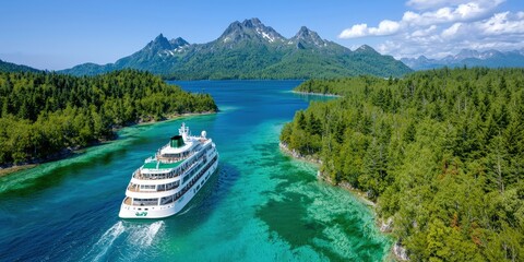 Cruise Ship Sailing Through Mountainous Fjord  Lush Forest Landscape  Clear Blue Water
