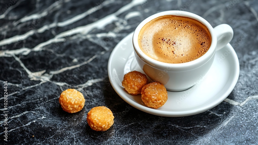 Poster coffee espresso in cup with amaretti cookies on black marble background copy space : generative ai