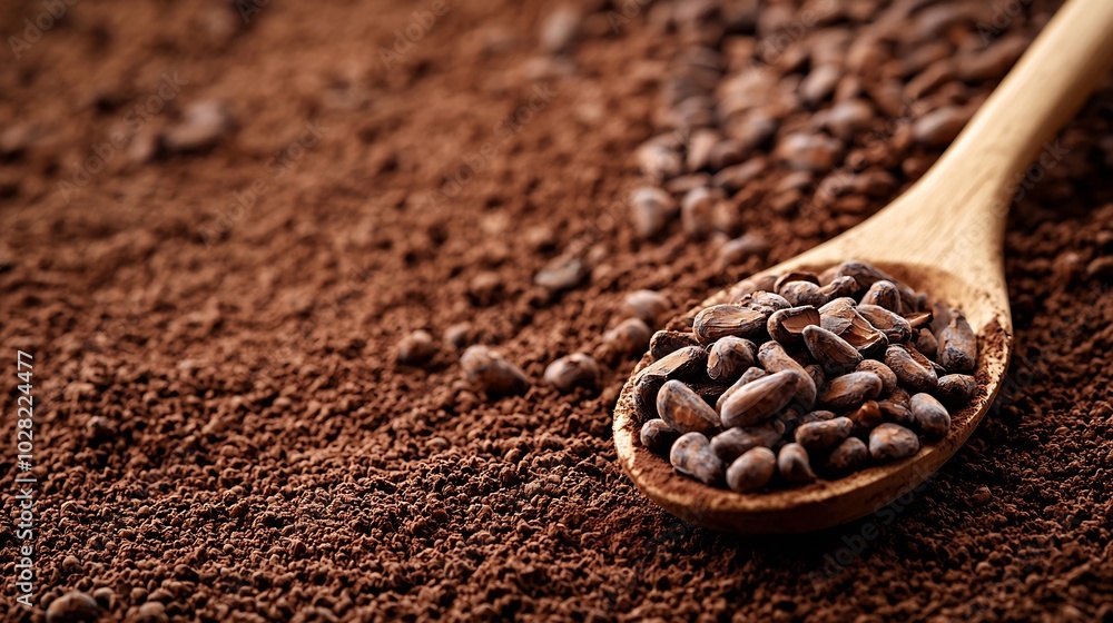 Poster wooden spoon on a crushed raw cocoa beans nibs background copy space top view : generative ai