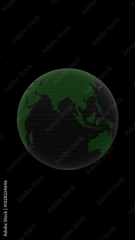 Poster green earth planet with grid lines rotation on clean black vertical loop background.