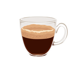 Coffee espresso in glass cup isolated on white background. Vector cartoon flat illustration of hot drink.