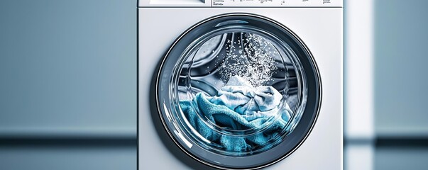 Spinning laundry inside a washing machine with splashes of water, detailed interior view, laundry wash, cleaning action