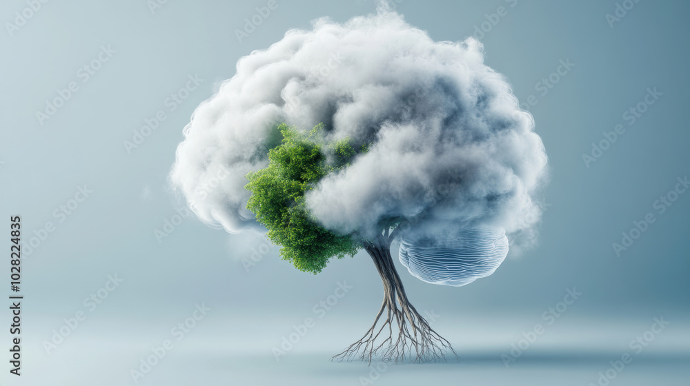 Poster brain made of clouds with tree branches sprouting, symbolizing creativity and natures connection to 