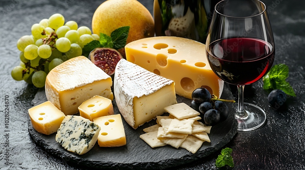 Poster cheese assortment on slate cutting board with red wine grey background top view : generative ai