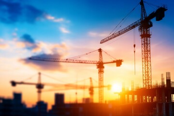 Construction cranes against a vibrant sunset skyline, dramatic and captivating.