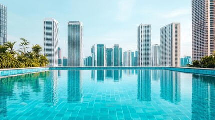 Fototapeta premium City skyline reflecting in a tranquil swimming pool, surrounded by modern residential towers and tropical garden, modern architecture, urban relaxation