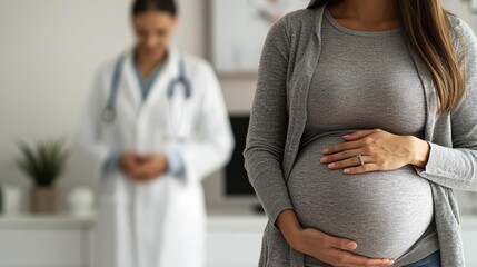 Close-up of a pregnant woman holding her belly at a prenatal appointment, blurred doctor in the background, healthcare and motherhood, pregnant woman, prenatal care