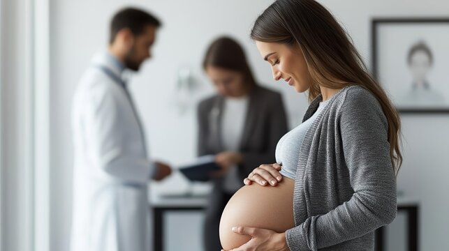 Close-up of a pregnant woman holding her belly at a prenatal appointment, blurred doctor in the background, healthcare and motherhood, pregnant woman, prenatal care