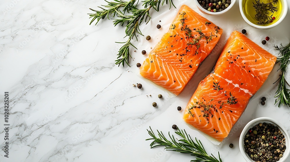 Poster salmon steaks fillet with herbs and spices white marble background copy space top view : generative 