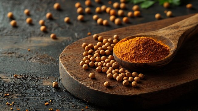 Wooden cutting board and spoon with spices cumin carry turmeric coriander seeds on a old wooden table Background text copy space : Generative AI