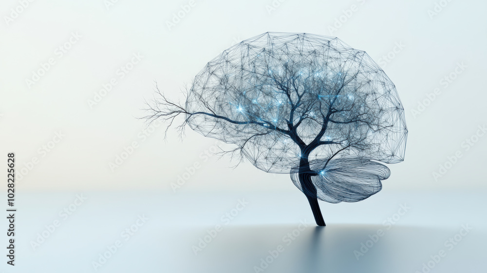 Poster brain made of connected wireframe resembling tree, symbolizing growth and intelligence. delicate str