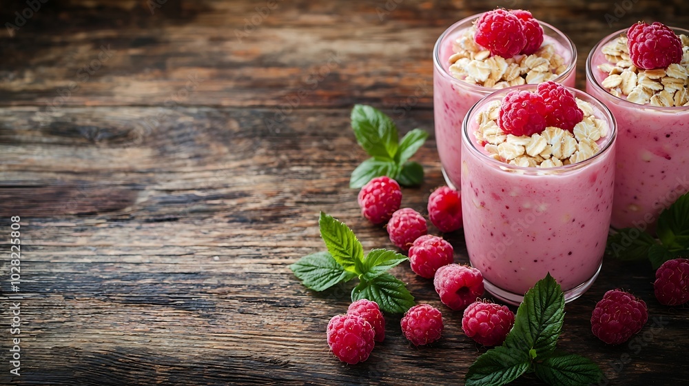 Aufkleber smoothie dessert with raspberry and oatmeal in glasses decorated with fresh redcurrant branch on a w