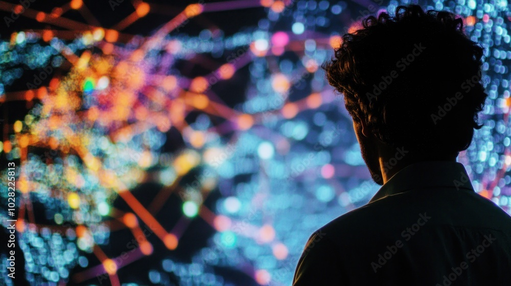 Poster a person observing a colorful digital network visualization.
