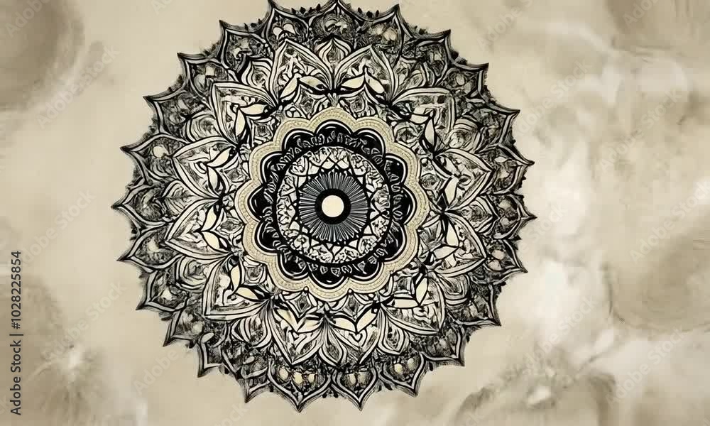 Poster intricate mandala design featuring detailed patterns and figures, symbolizing harmony and unity.