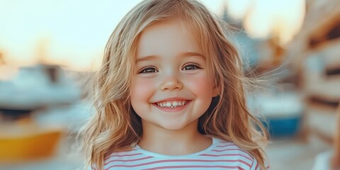 Fototapeta premium Happy Little Girl Smiling Summer Vacation Beach Background