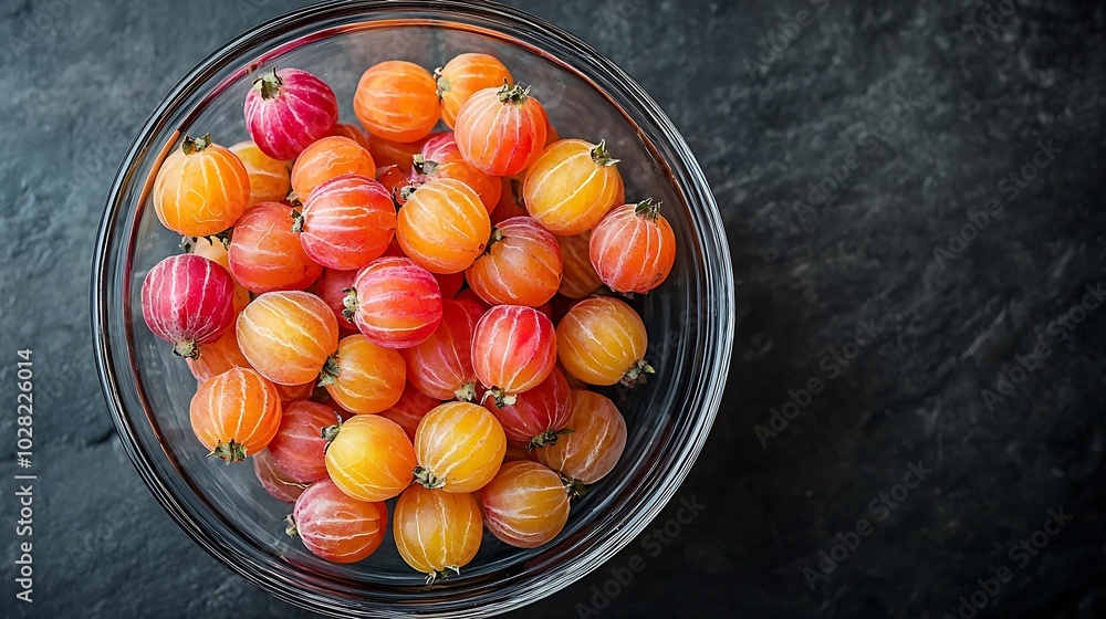 Aufkleber gooseberries in glass bowl on black stone slate background top view : generative ai