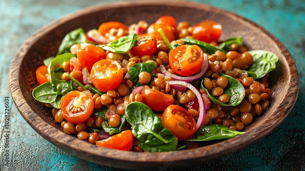 Aufkleber lentil salad with cherry tomatoes red onion and baby spinach in a wooden plate on a turquoise backgr