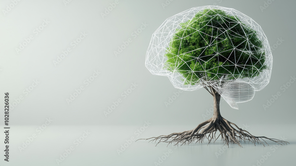 Poster brain shaped tree with geometric shapes and roots symbolizes connection between nature and intellect