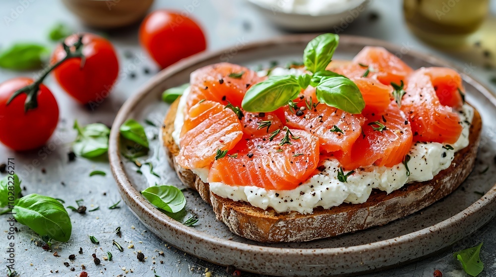 Poster sandwich with salmon vegetables and cream cheese on plate grey background close up : generative ai