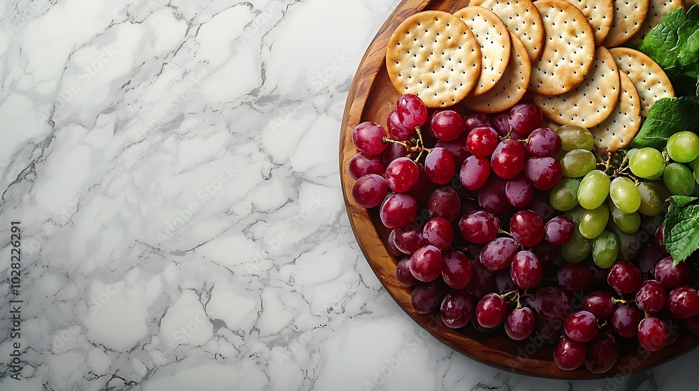Poster Assortment of cheese grapes and crackers Marble background Top view : Generative AI
