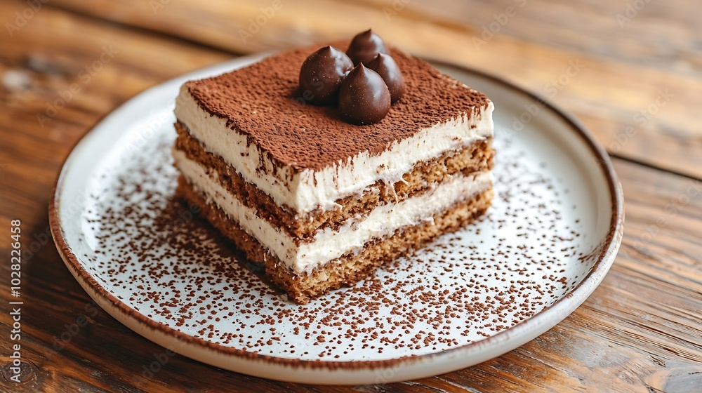 Poster tiramisu cake with chocolate decoration on a plate wooden background copy space top view : generativ