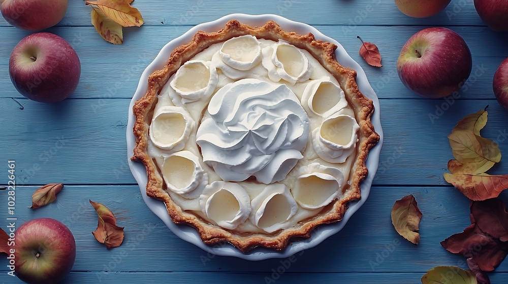 Poster Apple pie with cream on a blue wooden background Top view : Generative AI