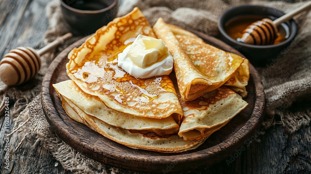 Aufkleber Thin crepes or pancakes with butter honey and sour cream on a rustic textile background Top view : Generative AI