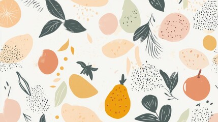 Abstract Fruit Pattern with Leaves and Dots