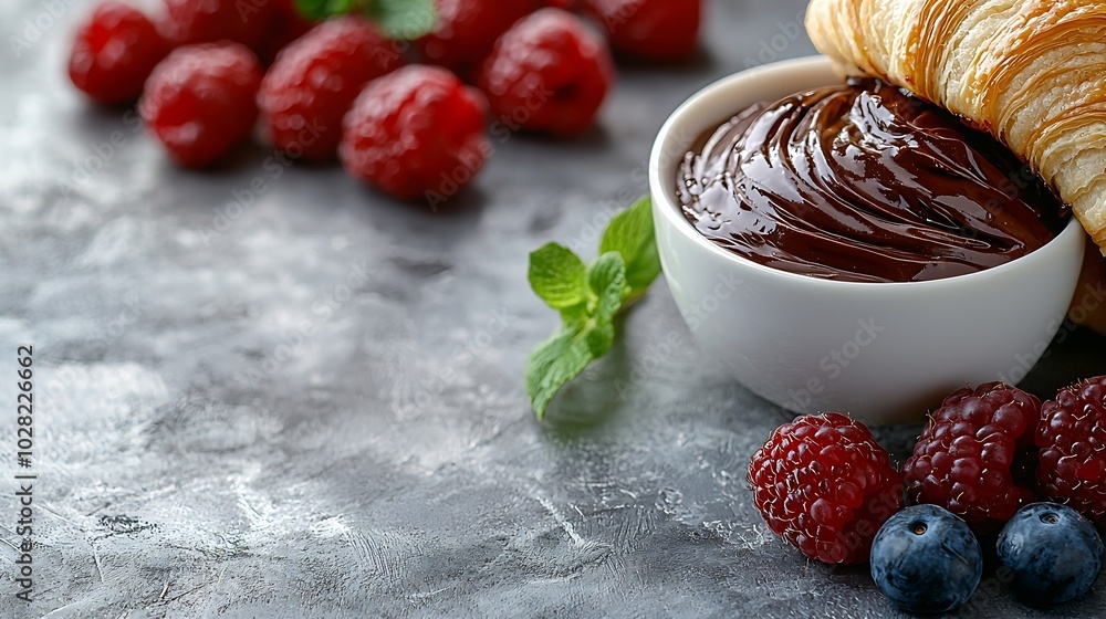 Poster croissant with fresh berries chocolate spread and butter with cup of coffee on a marble background t