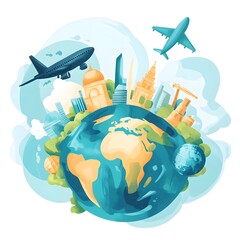 Fototapeta premium Travel business expansion flat design, top view, global growth theme, water color, Split-complementary color scheme 