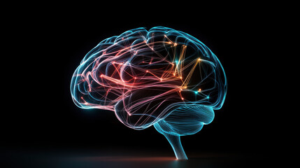 vibrant brain outlined in bold neon colors, showcasing intricate neural connections and patterns against dark background. This evokes sense of creativity and intelligence
