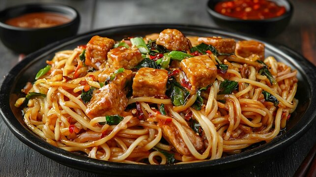 Mi goreng mee goreng Indonesian cuisine spicy stir fried noodles with tempeh and assortment of asian sauces Copy space : Generative AI