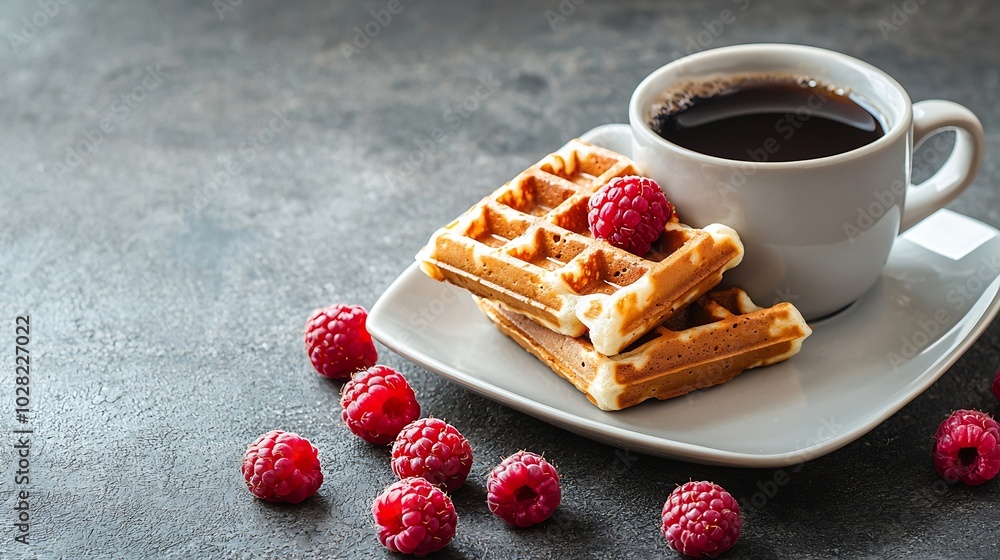 Poster Fresh waffles with cup of coffee and raspberry Grey background Top view : Generative AI