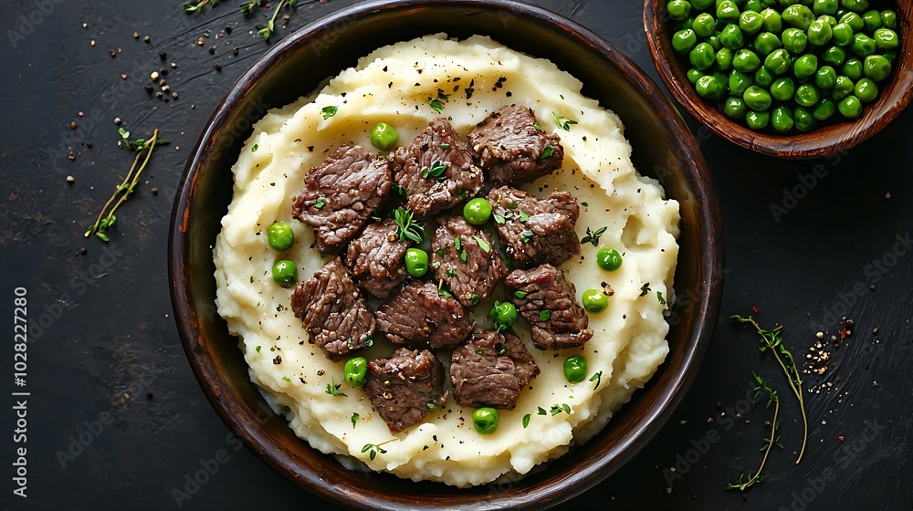 Poster mashed potatoes with beef meat and green peas in bowl dark background top view : generative ai