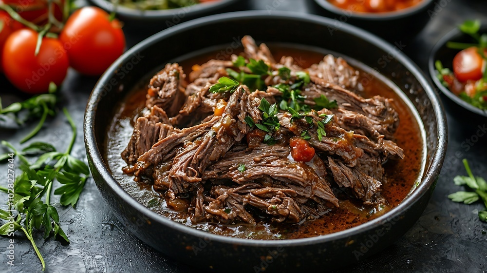 Poster Beef shredded meat with sauce in black pan Grey background Close up Top view : Generative AI