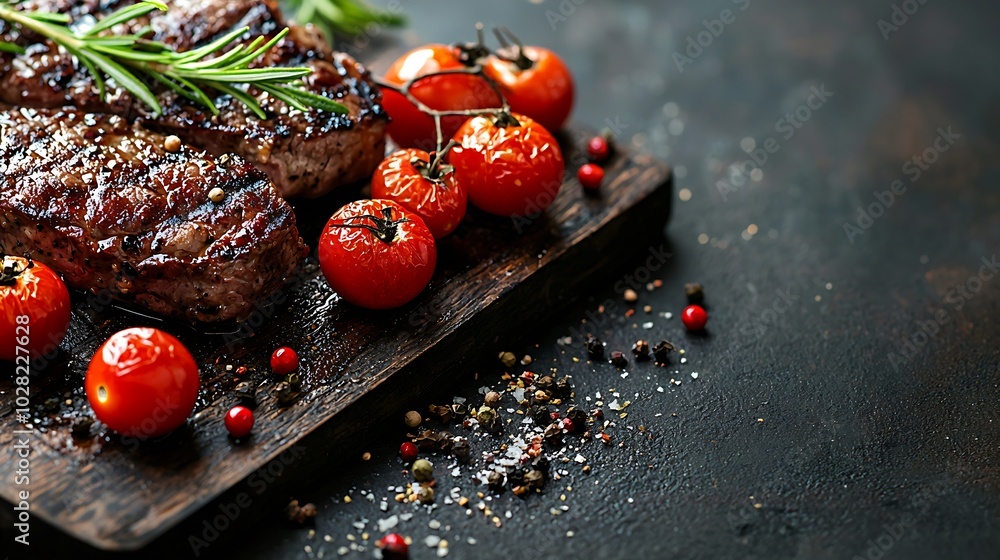 Poster Beef steak with cherry tomato and rosmary on a dark cutting board Wooden background Top view Copy space : Generative AI