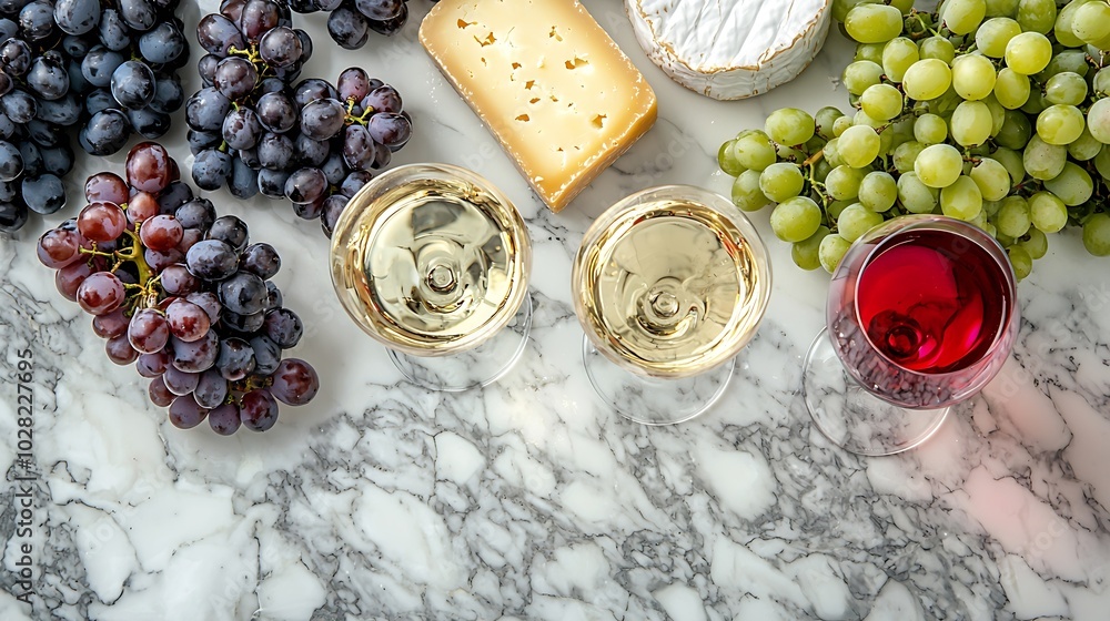 Poster assortment of cheese grapes with red and white wine in glasses marble background top view : generati