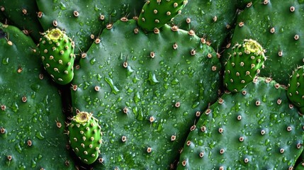 Close-up of Prickly Pear Cactus Pads with Water Droplets